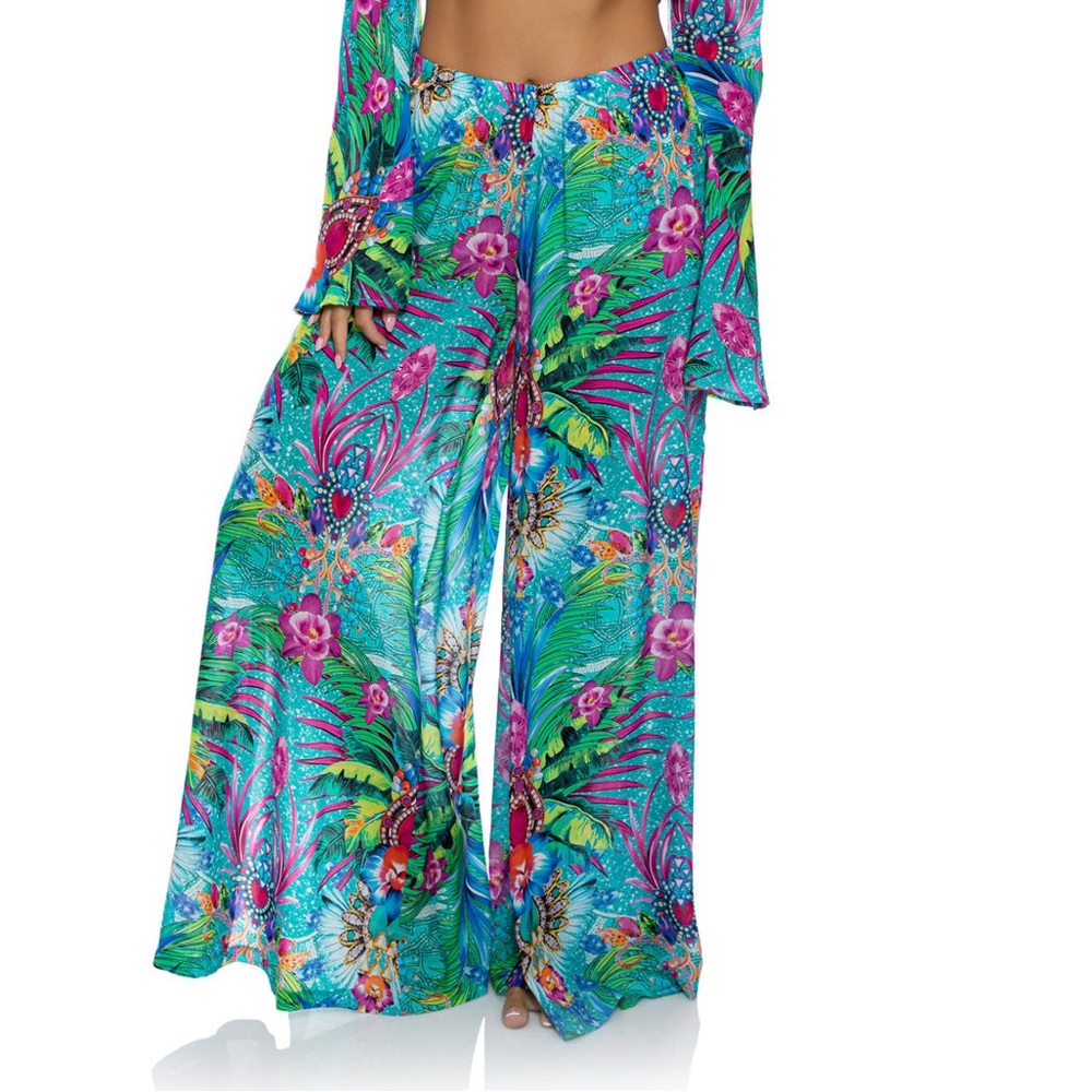 Luli Fama Turquoise Tropical Print Wide Leg Pants with Pink & Green Accents